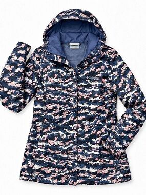 Columbia Arcadia Omni-Tech Waterproof Rain Jacket Women M Pink Blue Camo Hooded